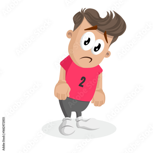 Sad Young Soccer Boy In Red Jersey Feeling Very Lonely And Unhappy