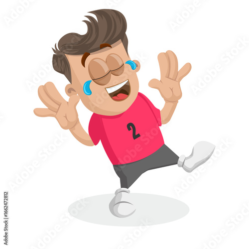 Soccer Boy In Red Jersey Laughing Hard With Tears Of Joy On Face