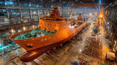 Majestic icebreaker under construction in a sprawling shipyard facility