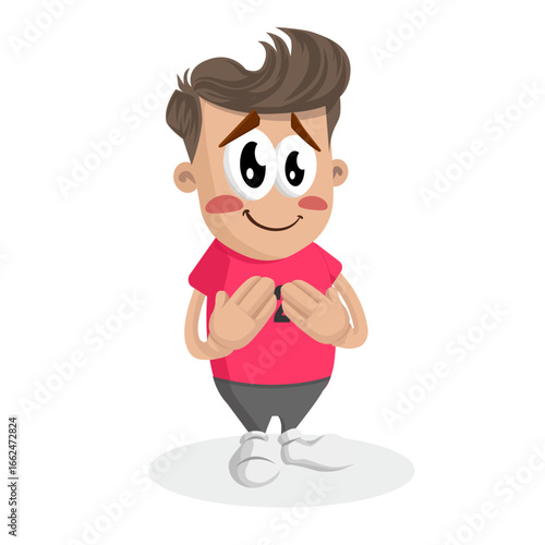 Young Boy In Red Soccer Jersey Feeling Very Shy And Blushing