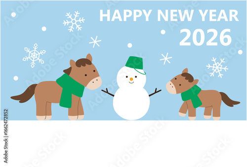 2026年午年の年賀状テンプレート。馬、かわいい、縁起物、雪だるま、ベクター、うま