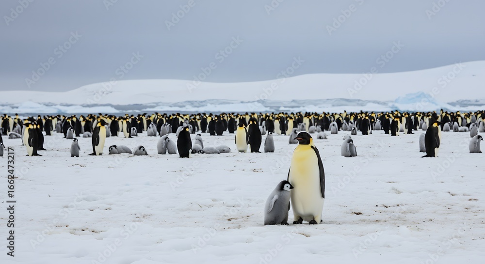 Obraz premium Emperor penguins flock with chicks on snowy land