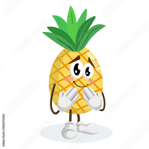 Shy and Blushing Pineapple Fruit Character Mascot with Hands on Face