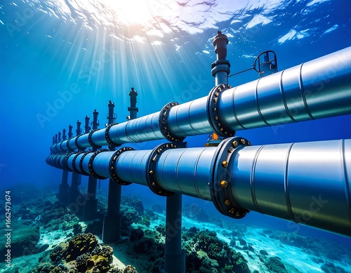 Underwater pipeline network, sunlight beams