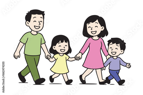 A colorful vector illustration of parents walking hand in hand with their two children, designed in flat style, perfect for posters, stickers, and family artwork.