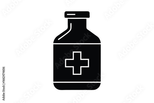 Vector art of medicine bottle with a cross symbol, representing healthcare, pharmacy, and medical treatment for various ailments
