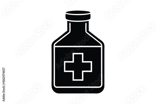 Vector art of medicine bottle with cross symbol, representing healthcare, pharmacy, and medical treatment for various ailments
