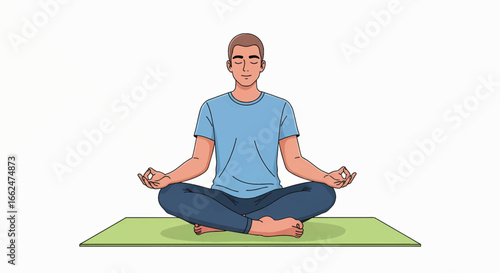 Man meditating in lotus position on yoga mat, achieving inner peace and wellness