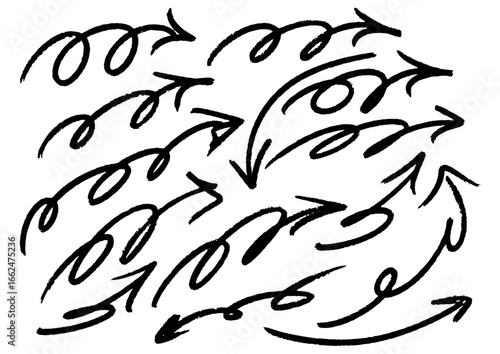 Hand-drawn arrows in various styles, pointing in different directions and with unique swirly designs, ideal for graphic design elements and visual direction