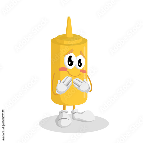 Shy and Blushing Mustard Bottle Character Mascot with Hands on Face