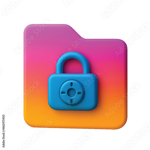 A vibrant 3D rendered folder icon with a gradient of pink to orange, featuring a prominent blue padlock symbolizing data security and privacy.