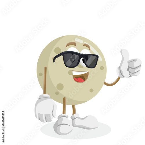 A cool moon character wearing sunglasses and giving a thumbs-up. It has a confident, happy, and positive attitude