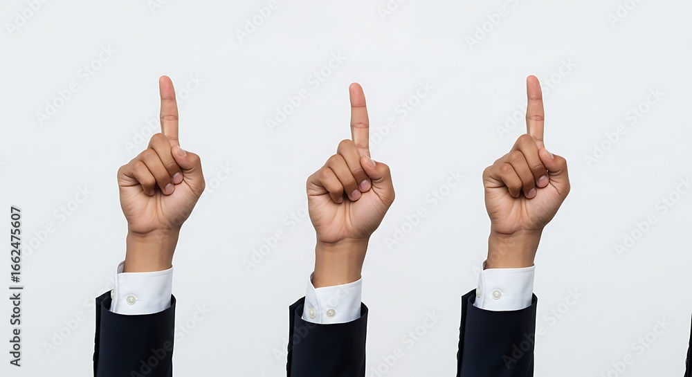 Hands Raising Fingers Pointing Upwards Demonstrating Unity or Agreement in a Business Setting