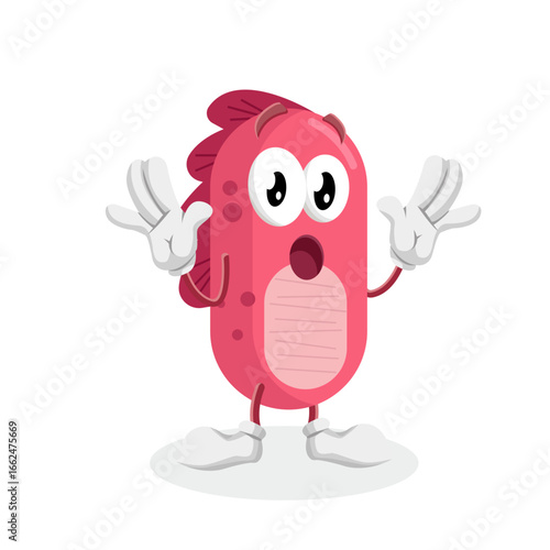 A red monster-like character with a shocked or surprised expression, with its hands up in a gesture of disbelief and its mouth wide open