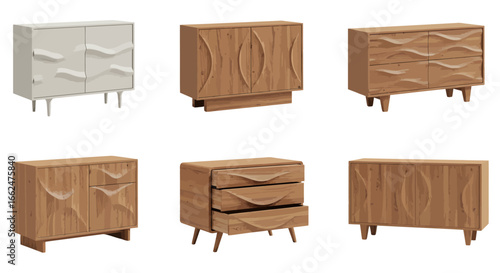Six contemporary wooden and white sideboards and chests of drawers with carved decorative fronts and tapered legs, displayed against a white background.