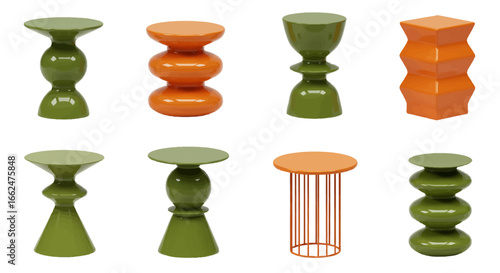 A collection of eight modern, sculptural side tables and stools in green and orange against a white background.