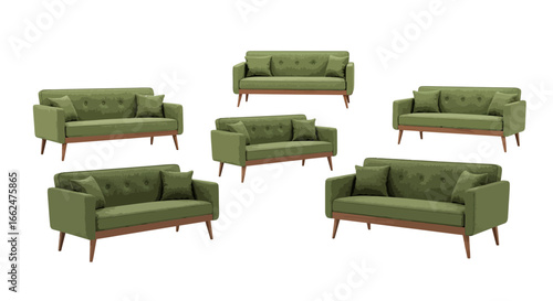 A collection of modern green sofas with wooden legs and tufted backs, displayed from various angles on a white background.