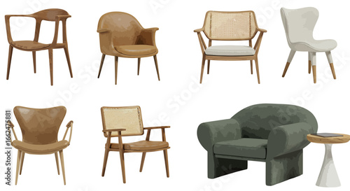 Eight distinct modern and contemporary chairs and a small side table, showcasing diverse designs, materials, and colors on a clean white background.