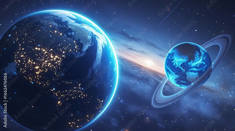 Obraz premium Universe planet galaxy Earth space halo sci-fi background futuristic wallpaper