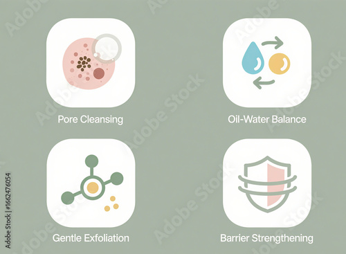 The green background icon presents the skincare step symbol, representing the skin care process, used for skincare brand promotion and beauty tutorial scenes.