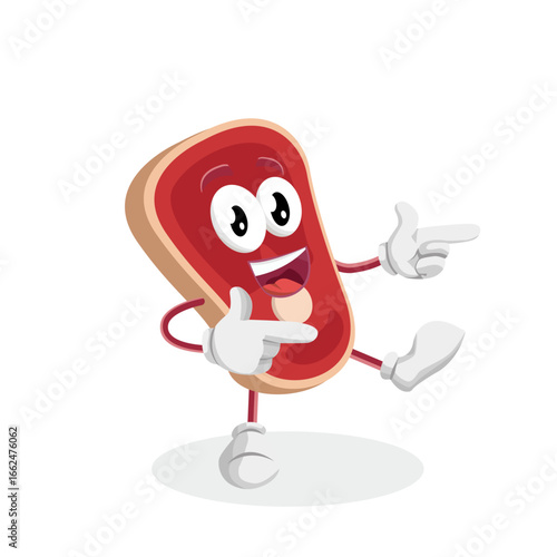 A cheerful steak character is walking and pointing to its right with a happy and inviting expression. It seems to be showing or guiding someone to a specific direction