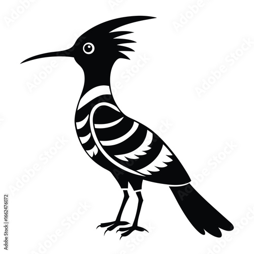 Vector art of a black and white silhouette of a hoopoe bird with its distinctive crest, , perfect for naturerelated designs