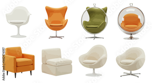 Assorted mid-century modern chairs in various colors and styles, including egg chairs and hanging chairs.