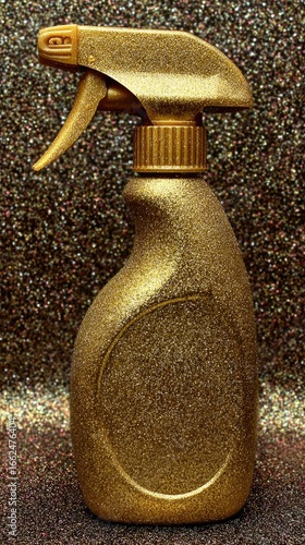 Gold glitter spray bottle on dark background