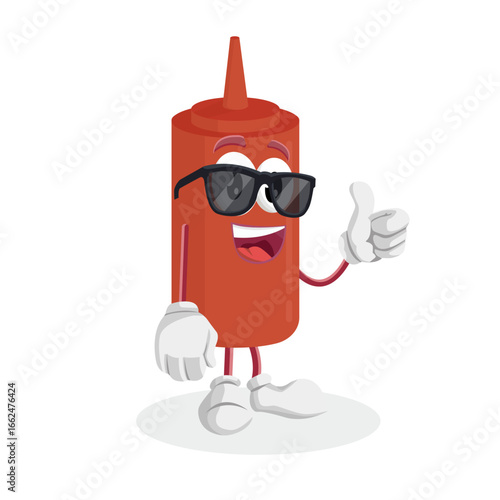 A cool red sauce bottle character wearing sunglasses and giving a thumbs-up. It has a confident, happy, and positive attitude