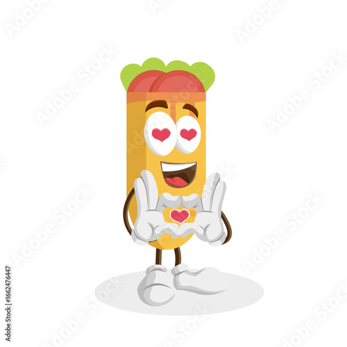 A burrito character with heart-shaped eyes, holding a small heart with both hands. It's expressing feelings of love, affection, and adoration