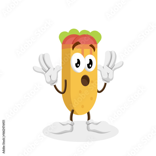 A burrito character with a surprised expression, its mouth wide open and hands up in a gesture of shock or disbelief