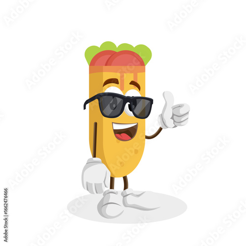 A cool burrito character wearing sunglasses and giving a thumbs-up. It has a confident, happy, and positive attitude