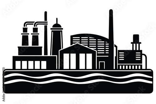 Vector art of industrial factory building silhouette, representing manufacturing, energy production, and urban development