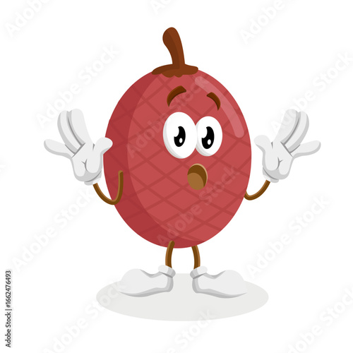 A red-colored Ita palm character with a shocked expression, with its hands up in a gesture of disbelief and its mouth wide open