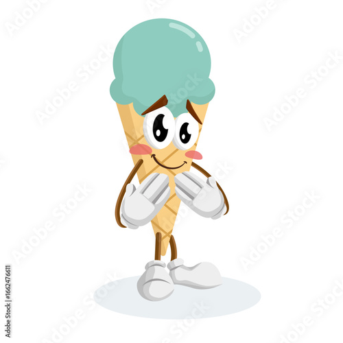 An ice cream cone character with a shy and embarrassed expression, with a blush on its cheeks. Its hands are crossed in front of its chest, conveying shyness or timidity