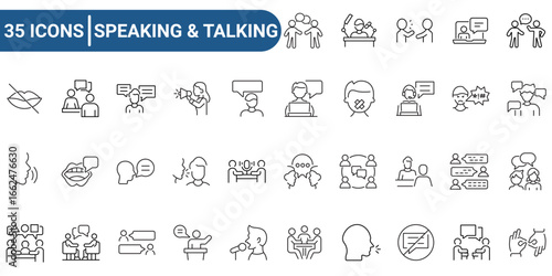 Vector icons set with editable stroke related to speaking, talking. outline icon collection.  Pictograms and infographics for mobile apps