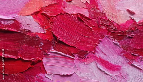 Fototapeta Naklejka Na Ścianę i Meble -  Close-up of vibrant pink and red textured paint strokes with thick layered application