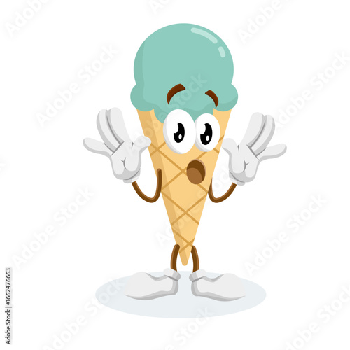 An ice cream cone character with a surprised expression, its mouth wide open and hands up in a gesture of shock. It has big, expressive eyes that convey disbelief or astonishment