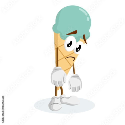 A melting ice cream cone cartoon character with a sad and droopy expression. The character's posture and appearance suggest a sense of sadness or disappointment