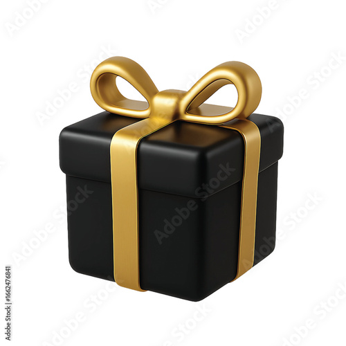 A luxurious black gift box elegantly wrapped with a shiny gold ribbon and a matching bow, symbolizing celebration and special occasions.