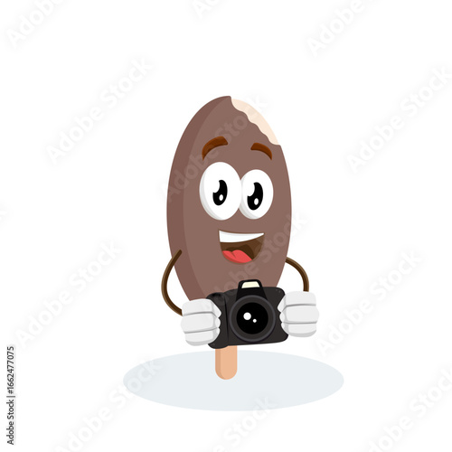 A chocolate popsicle character holding a camera, ready to take a picture