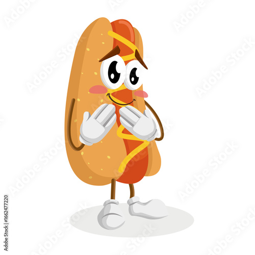 A cartoon hot dog looking shy or embarrassed, with hands clasped over its chest.