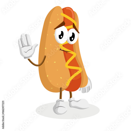 A cartoon hot dog with a sad, droopy face, waving its hand