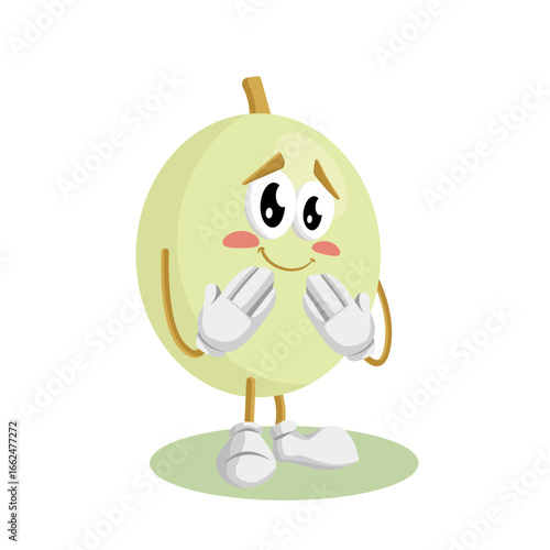 A shy or embarrassed honeydew melon character with its hands covering its face, looking down as if feeling bashful
