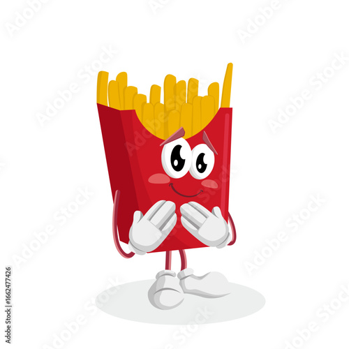 A shy french fries character with both hands covering its cheeks, conveying a cute and embarrassed expression