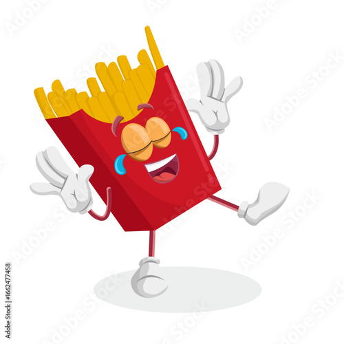 An ecstatic french fries character in a jumping or dancing pose, with both hands in the air, showing pure happiness and joy