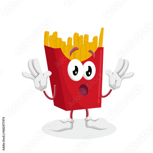 A surprised or shocked french fries character with wide eyes and its hands over its mouth, expressing disbelief or a huge surprise