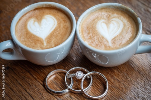 Two coffee cups with heart latte art and engagement wedding rings on a wooden table