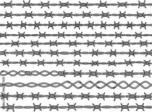 Collection of detailed barbed wire patterns and textures for graphic design and artistic projects