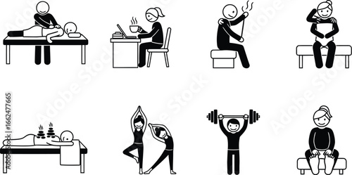 Diverse stick figure illustrations depicting various daily activities and health related routines
